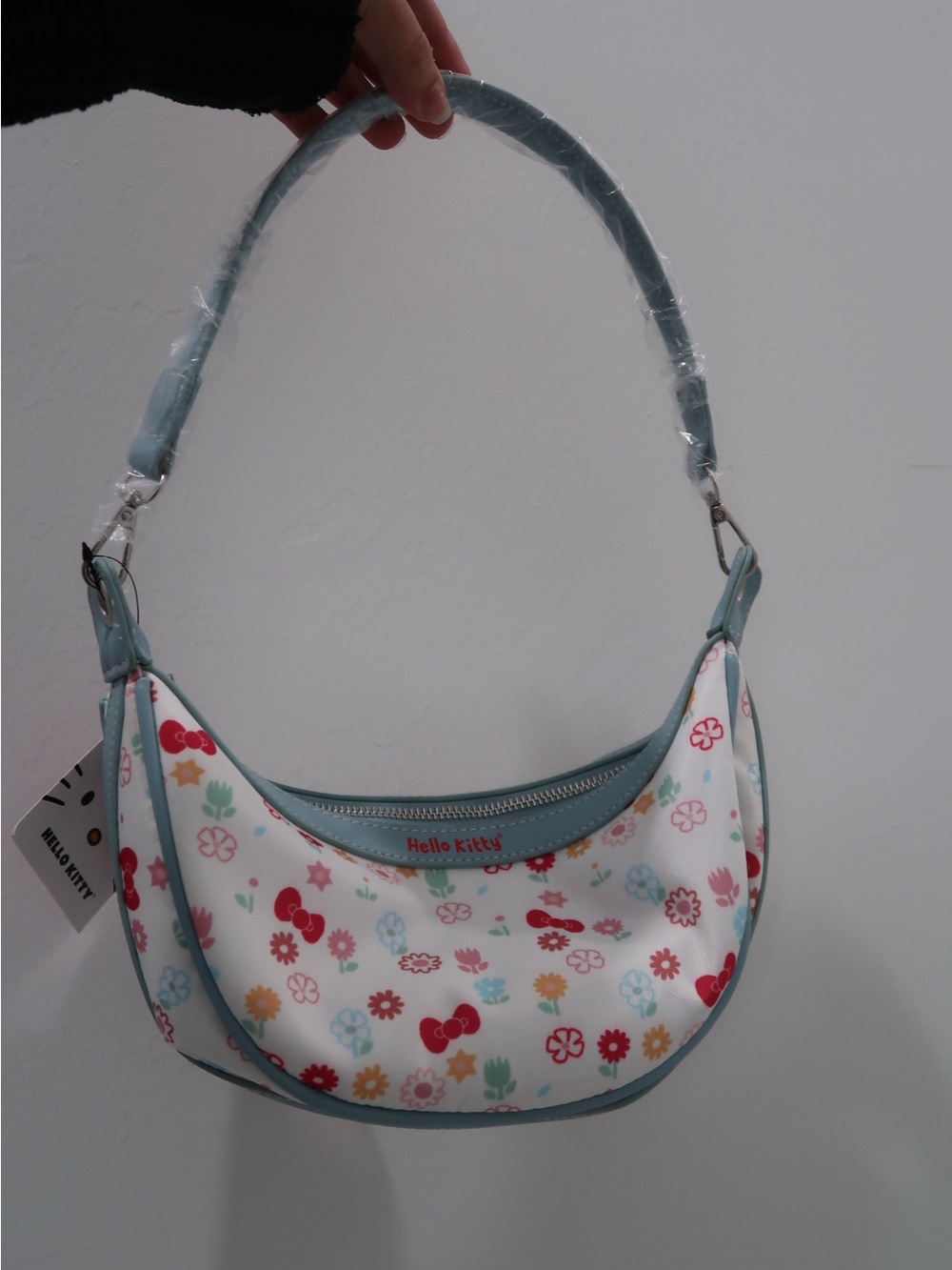Hello Kitty Light Blue Trim Floral Crescent Shoulder Bag